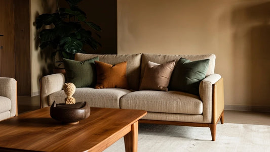 Cozy modern living room featuring beige mid-century sofa set, walnut furniture and warm ambient lighting