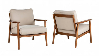 Two wooden armchairs with beige cushions on a white background
