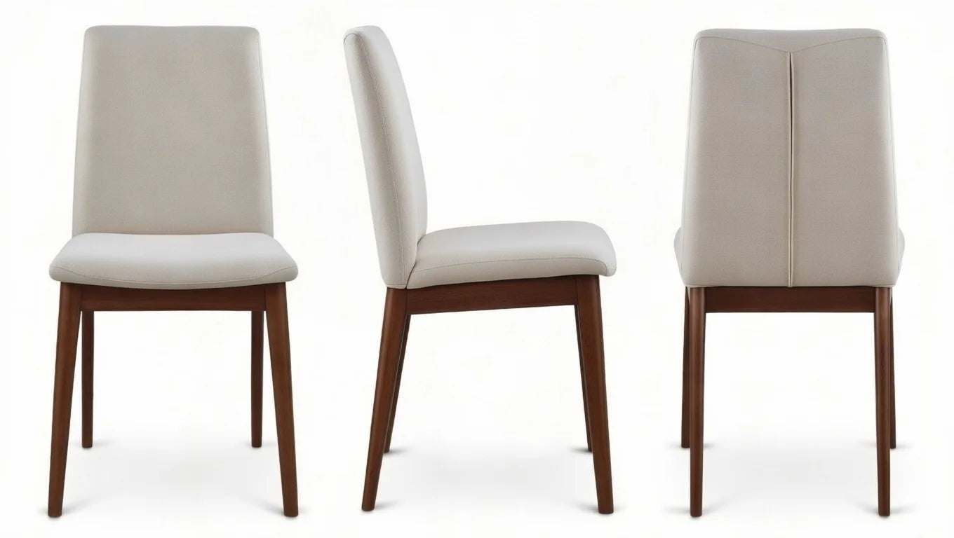 Modern beige fabric dining chair with high straight back, gentle curve at top, padded seat, and solid walnut tapered legs – front, side, and back perspectives