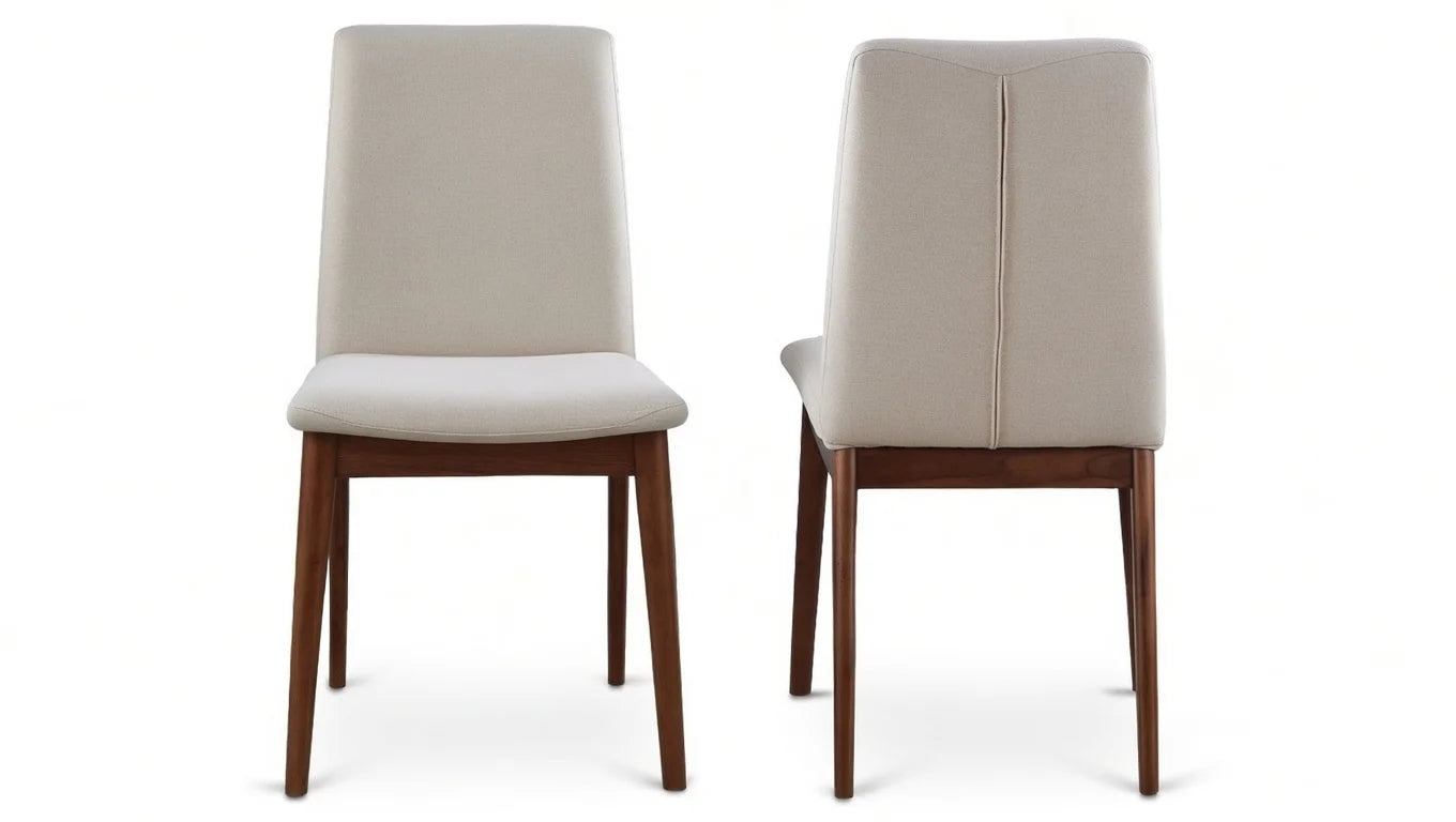 Tall beige upholstered dining chair with slim high back, subtle seam detail, and tapered walnut legs – front and rear views