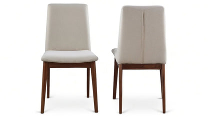 Tall beige upholstered dining chair with slim high back, subtle seam detail, and tapered walnut legs – front and rear views