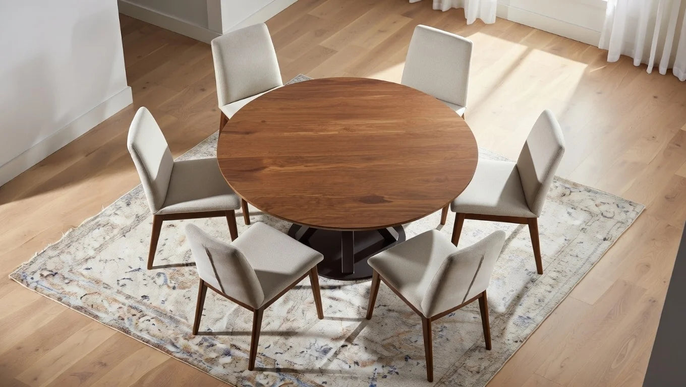 Scandinavian round walnut dining table with modern black X-shaped base, surrounded by six beige upholstered chairs in a bright contemporary dining room