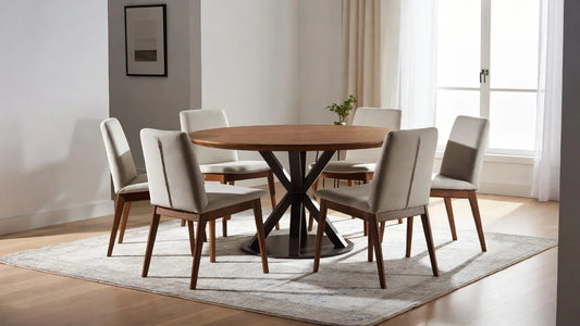 Scandinavian-style round walnut dining table with sleek black X-shaped pedestal base, surrounded by six upholstered beige fabric dining chairs with tapered walnut legs, set in a bright modern living-dining space with natural light and neutral decor