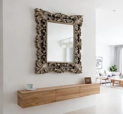 Antique Silver Wall Mirror|Hand-Carved Floral Wooden Dressing Table Mirror | Designer Wall Mirror for Living Room, Bedroom & Hallway