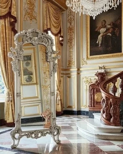 Celestine Royal Standing Mirror – Hand-Carved Full-Length Wooden Floor Mirror | Luxury Silver Antique Decorative Mirror for Living Room & Bedroom