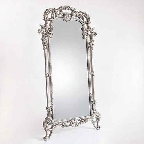 Celestine Royal Standing Mirror – Hand-Carved Full-Length Wooden Floor Mirror | Luxury Silver Antique Decorative Mirror for Living Room & Bedroom