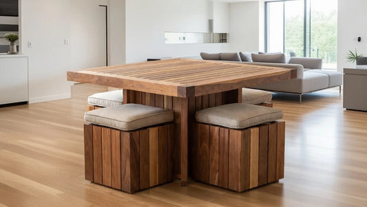 Wooden dining table with stools in a modern living room