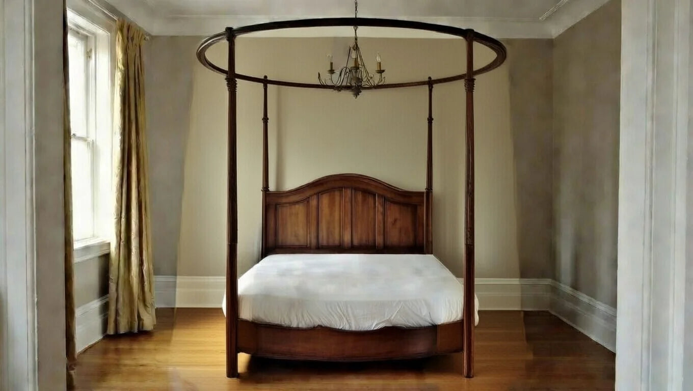 Luxury solid wood canopy bed frame featuring a unique circular top rail and rectangular mattress base.