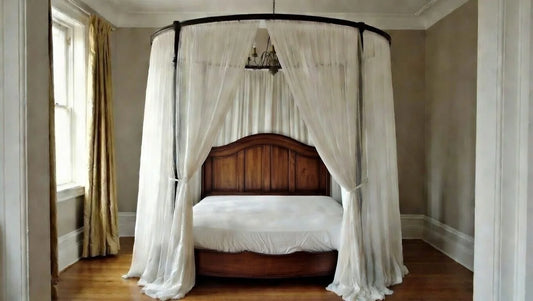 Front view of the Royal Halo canopy bed suite showing the draped curtains and solid wood posts.
