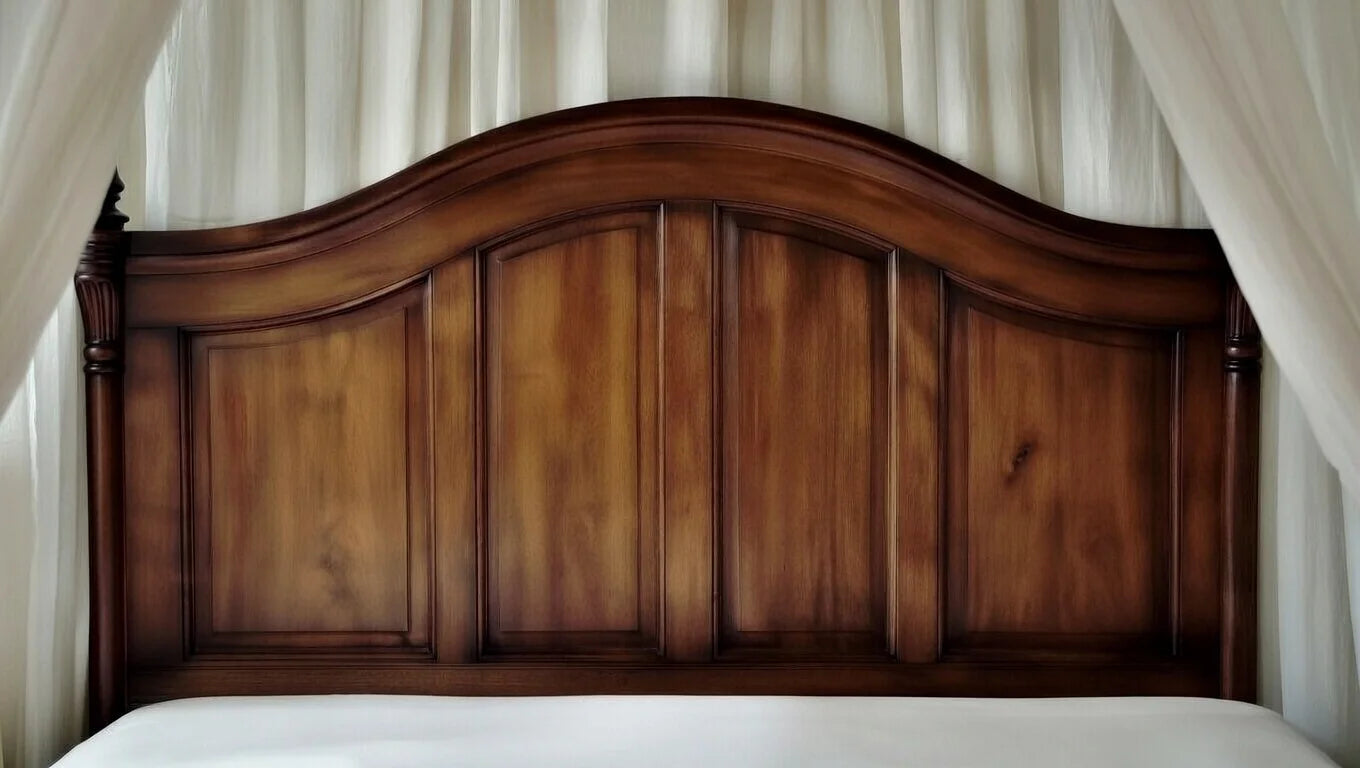 Close-up detail of the handcrafted arched wooden headboard with traditional paneling.