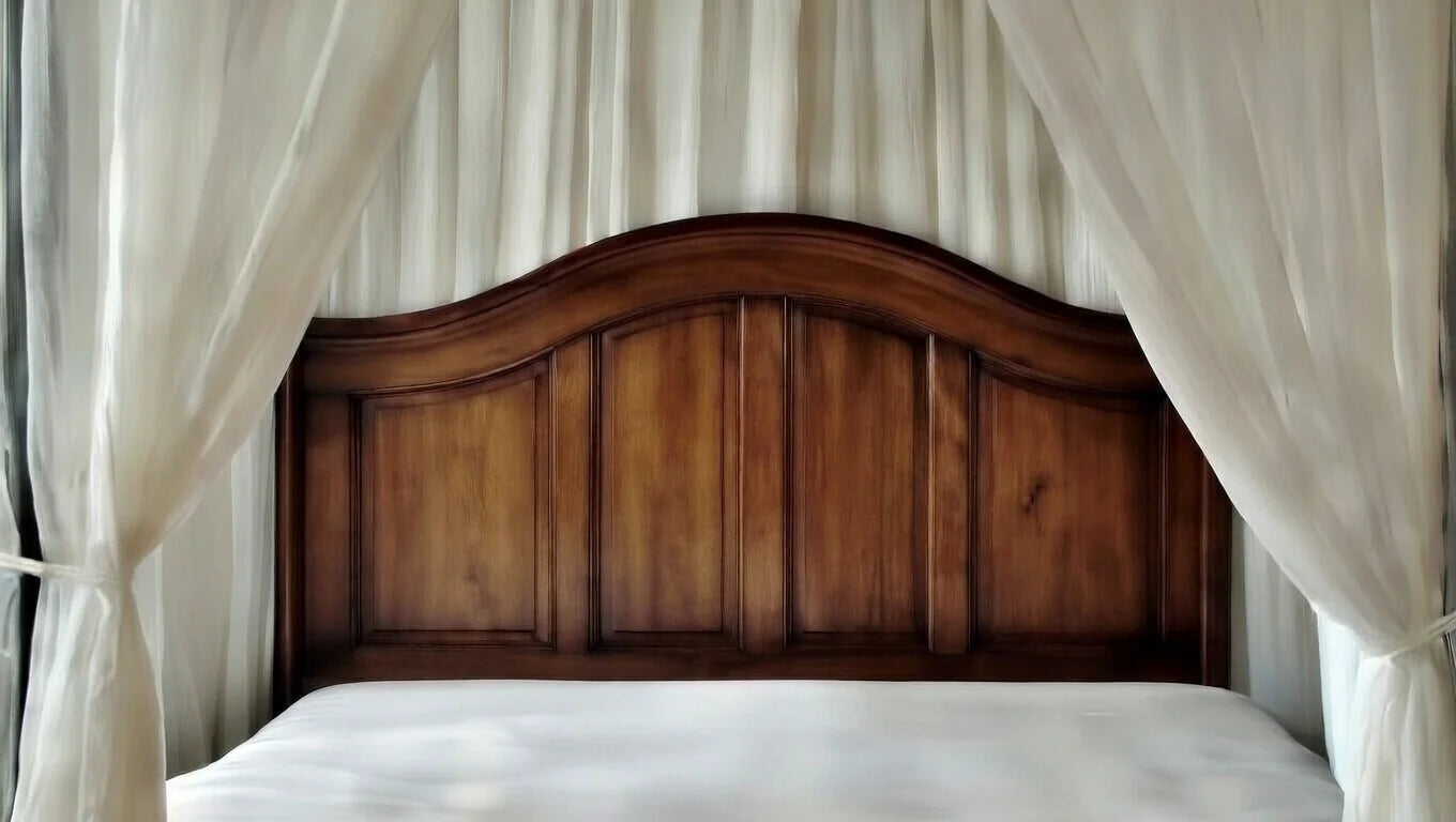 Texture shot showing the premium wood grain finish on the custom headboard.