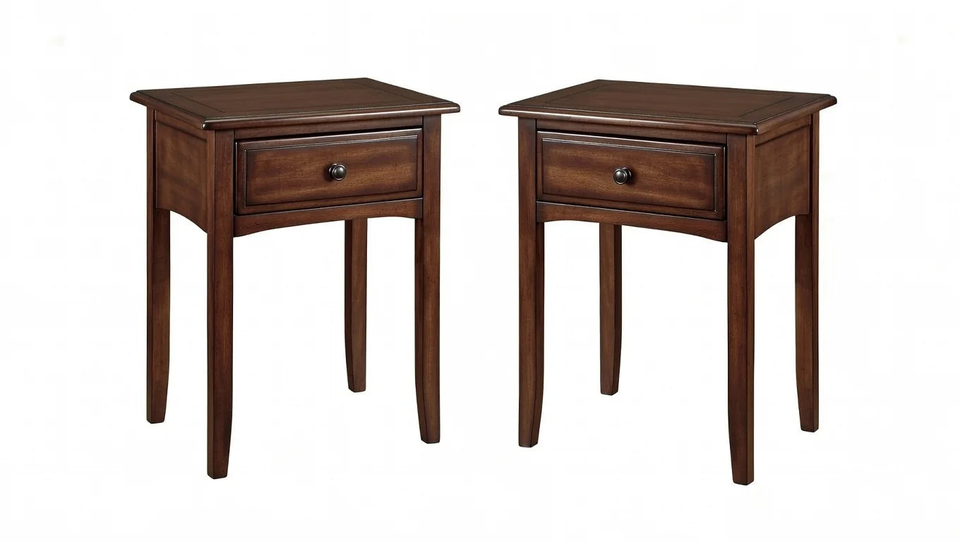 Pair of matching solid wood nightstands with one drawer and open shelf for the bedroom suite.