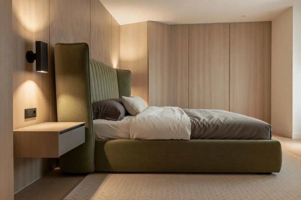 Side view of modern upholstered shelter bed showing solid wood platform base and floating nightstand in contemporary bedroom