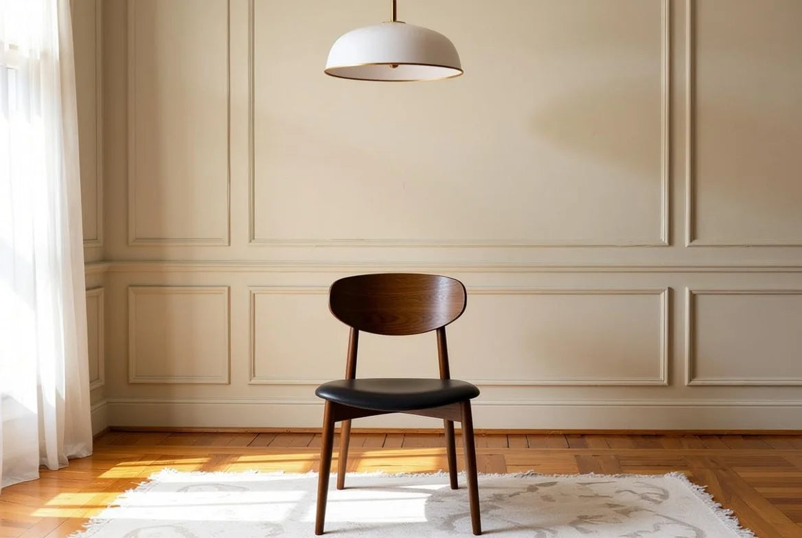 Mid-century modern dining chair in solid walnut with curved backrest and padded dark upholstery, minimalist Danish design