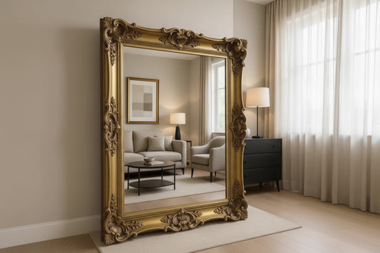 Oversized Antique Gold Mirror – French Bedroom Decor| Huge Leaning Floor Mirror| Gilded Fireplace Mirror| Custom Size