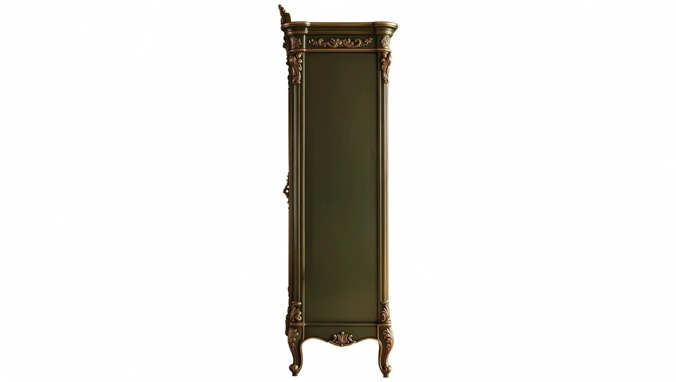 French-style 2-door armoire in antique green finish with gold accents and cabriole legs
