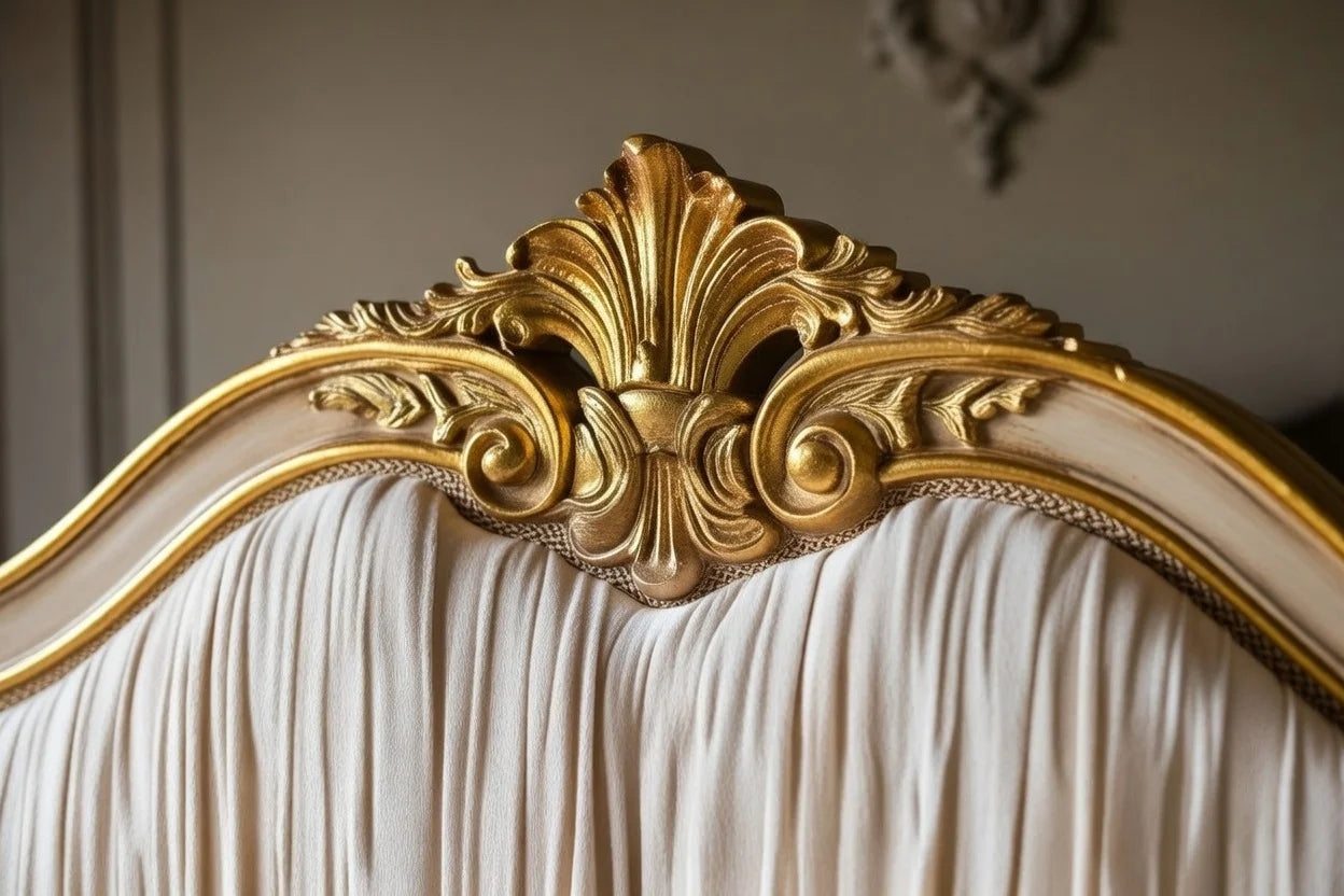 Close-up of an ornate gold headboard on a white bed
