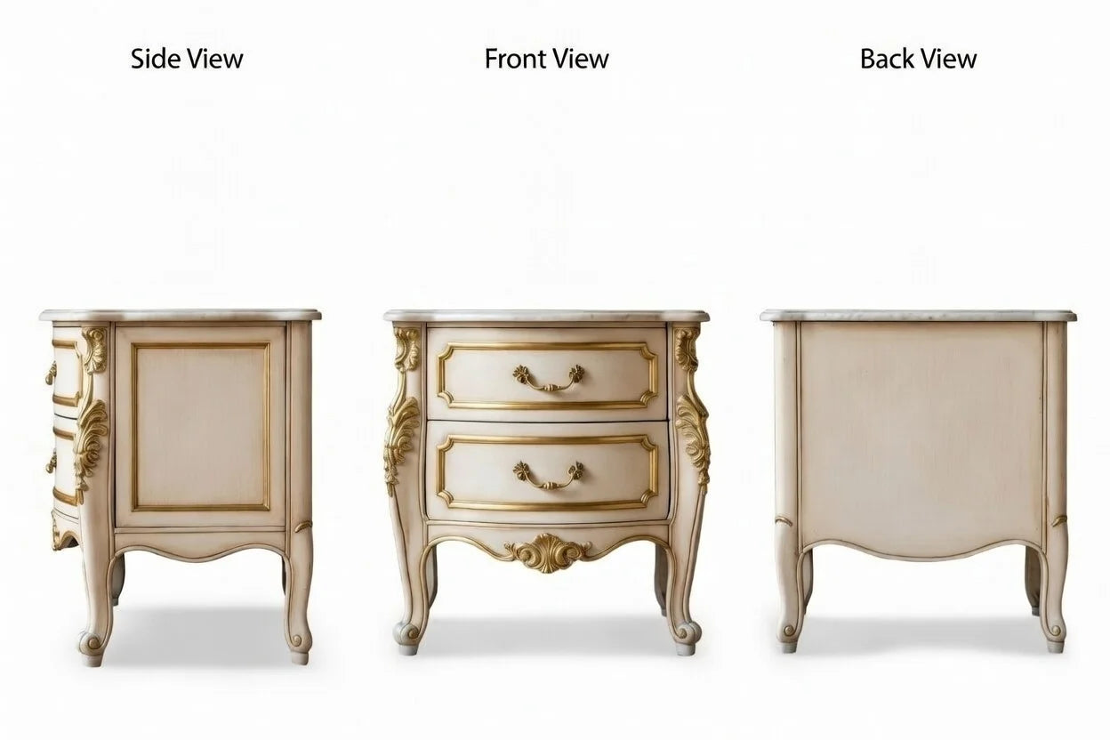 Beige nightstand shown from side, front, and back views on a white background