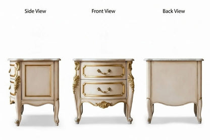 Beige nightstand shown from side, front, and back views on a white background