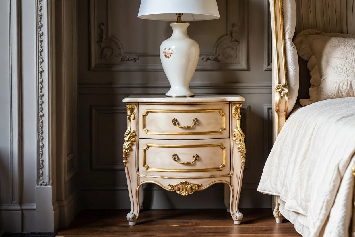 Decorative nightstand with a lamp next to a bed in a bedroom setting