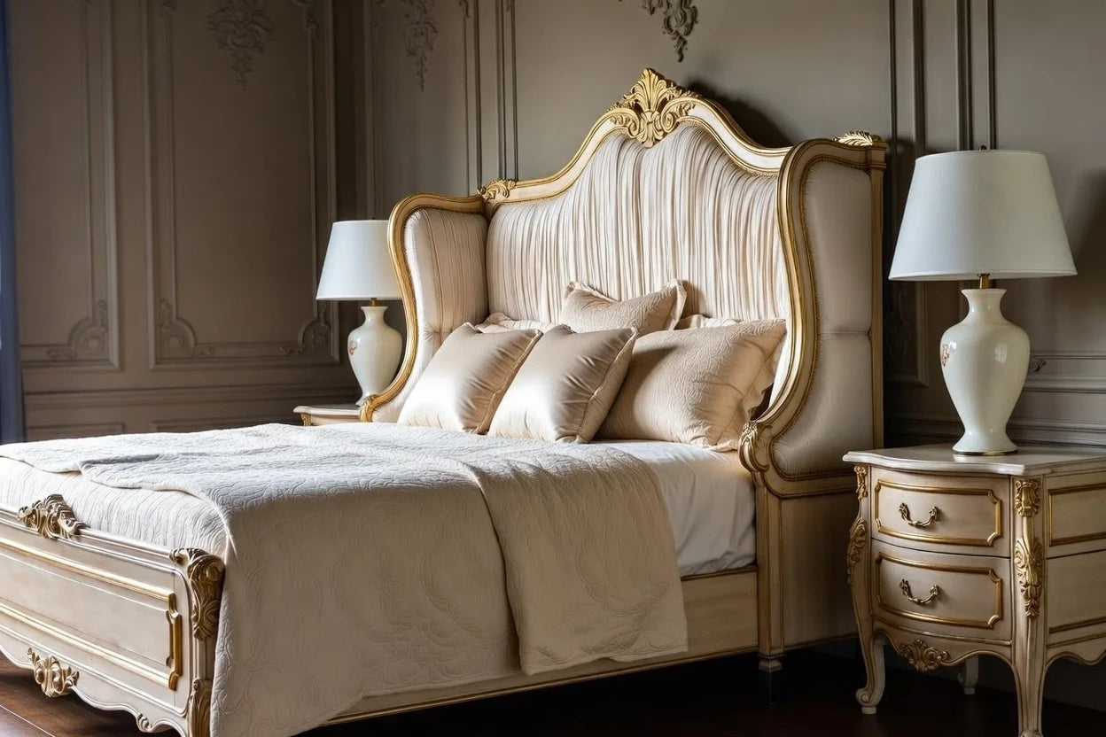 Side view of French style upholstered panel bed in solid wood with matching carved nightstand