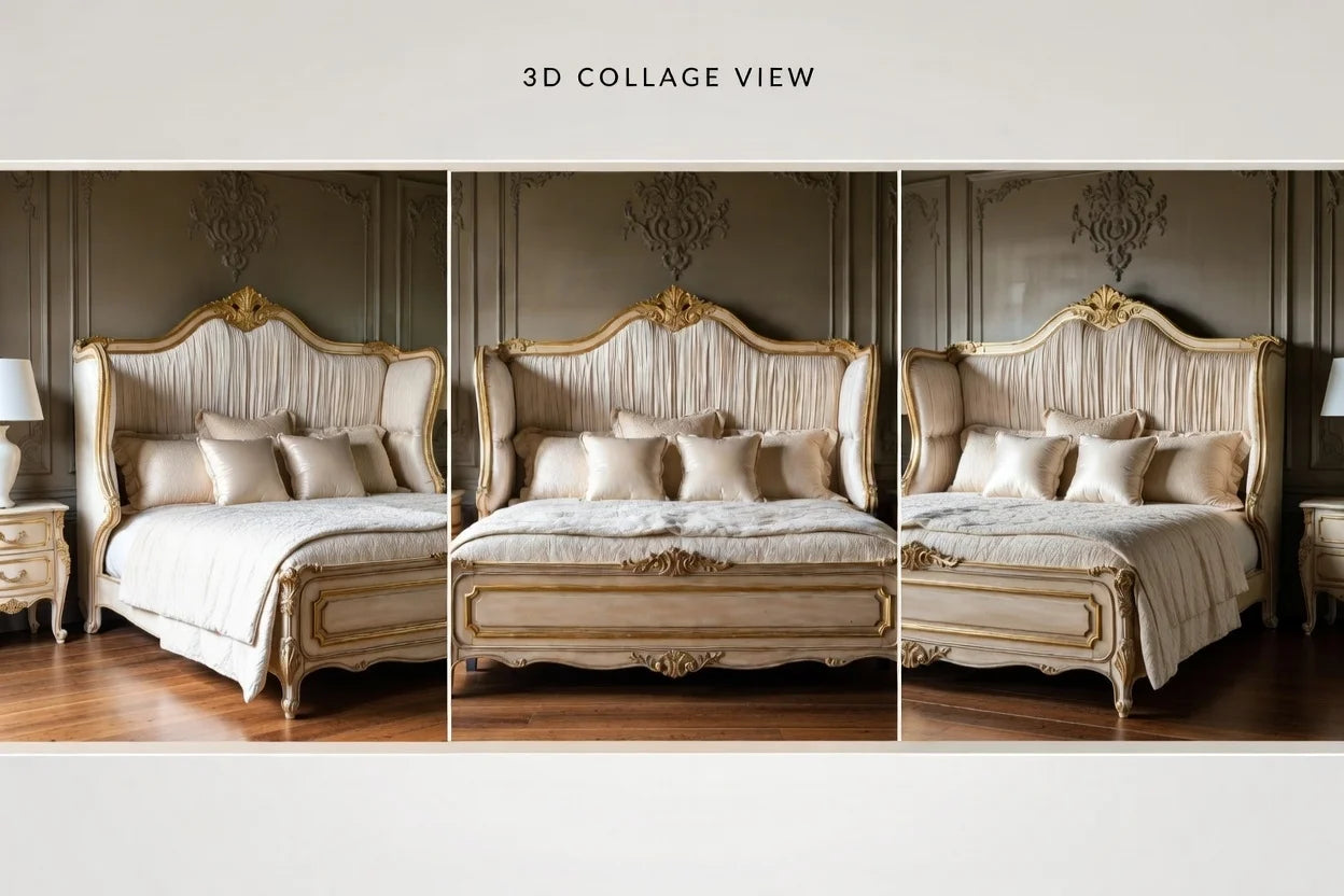 different angle view of ornate carved solid wood panel bed with upholstered headboard and curved wingback design