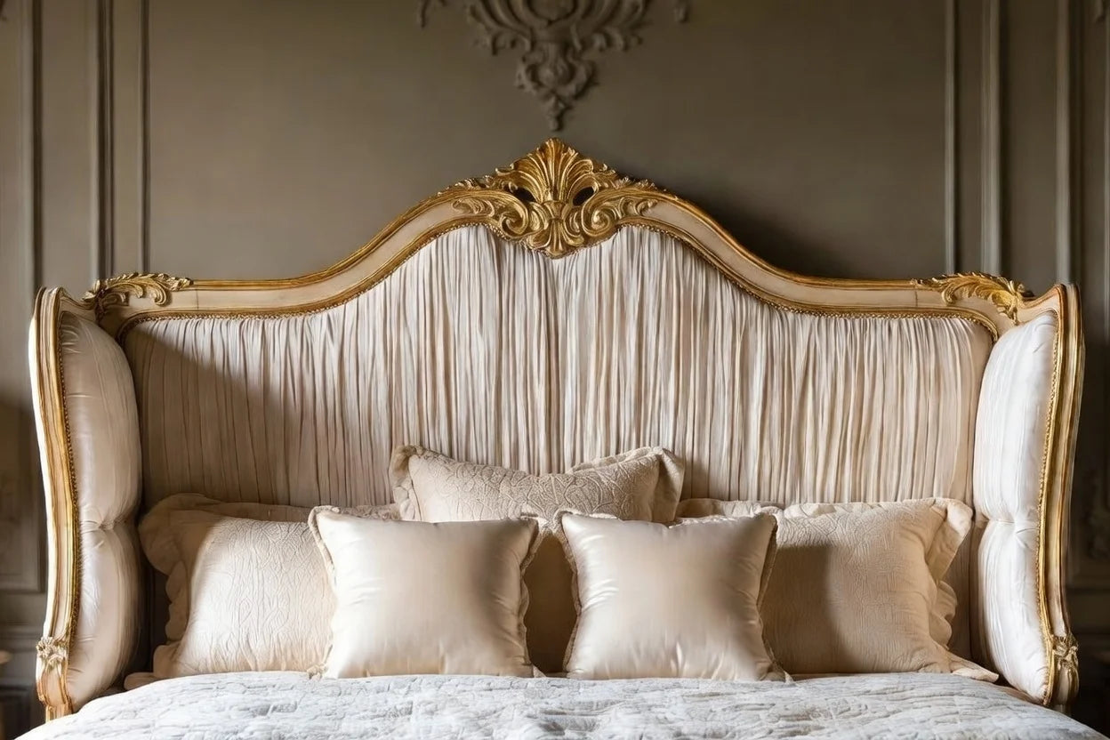 Close-up of tufted upholstered wingback headboard with carved wood trim on French style panel bed