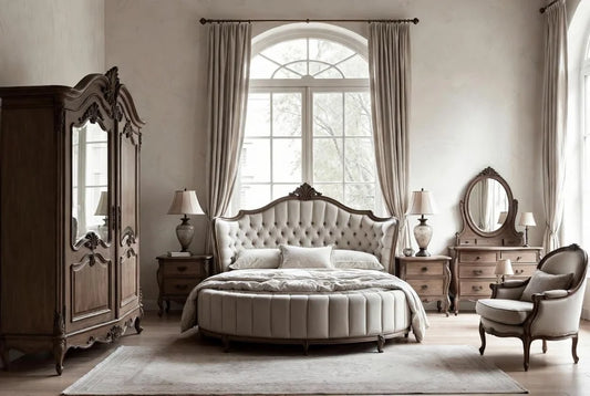 Versailles Dream elegant French Provincial bedroom set featuring round tufted bed, carved armoire and accent chair in soft neutral tones