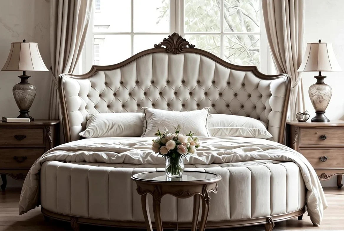 Close-up of Versailles Dream round tufted bed with luxurious cream upholstery, button detailing and carved wooden frame