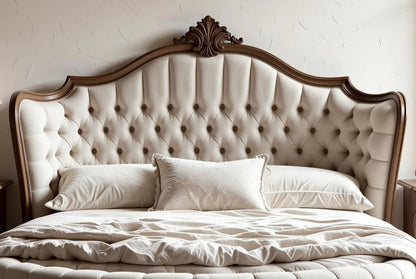 Headboard Close-up of Versailles Dream round tufted bed with luxurious cream upholstery, button detailing and carved wooden frame