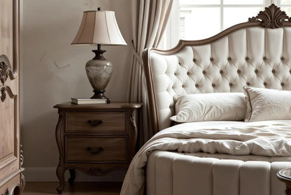 Versailles Dream hand-carved wooden nightstand with warm wood finish, marble lamp and elegant French Provincial curves