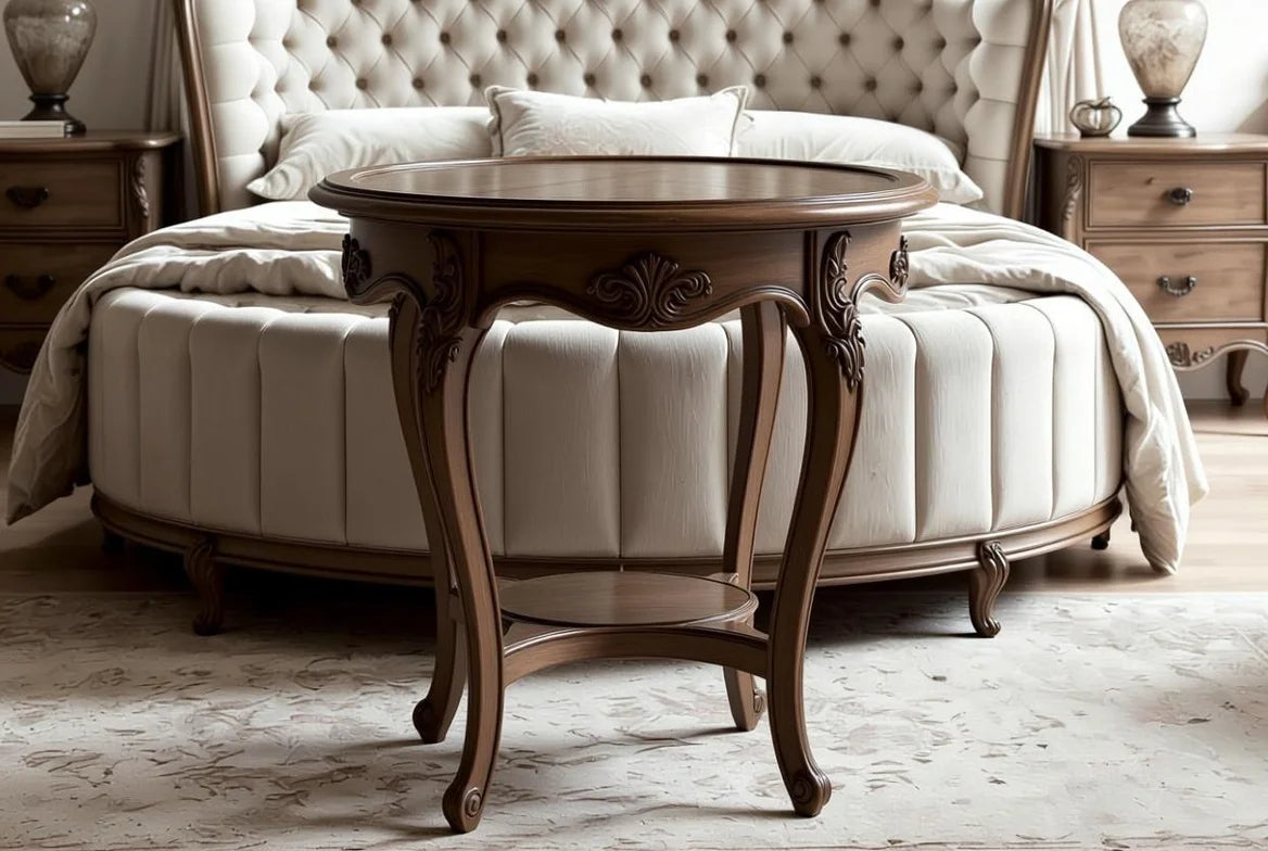Versailles Dream French style round carved wooden side table with floral accents beside round tufted bed