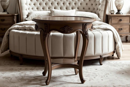 Versailles Dream French style round carved wooden side table with floral accents beside round tufted bed