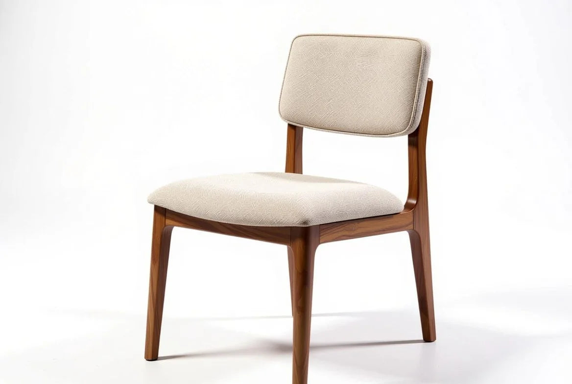 Modern beige upholstered dining armchair with curved back, padded seat, and tapered walnut legs, minimalist luxury dining chair