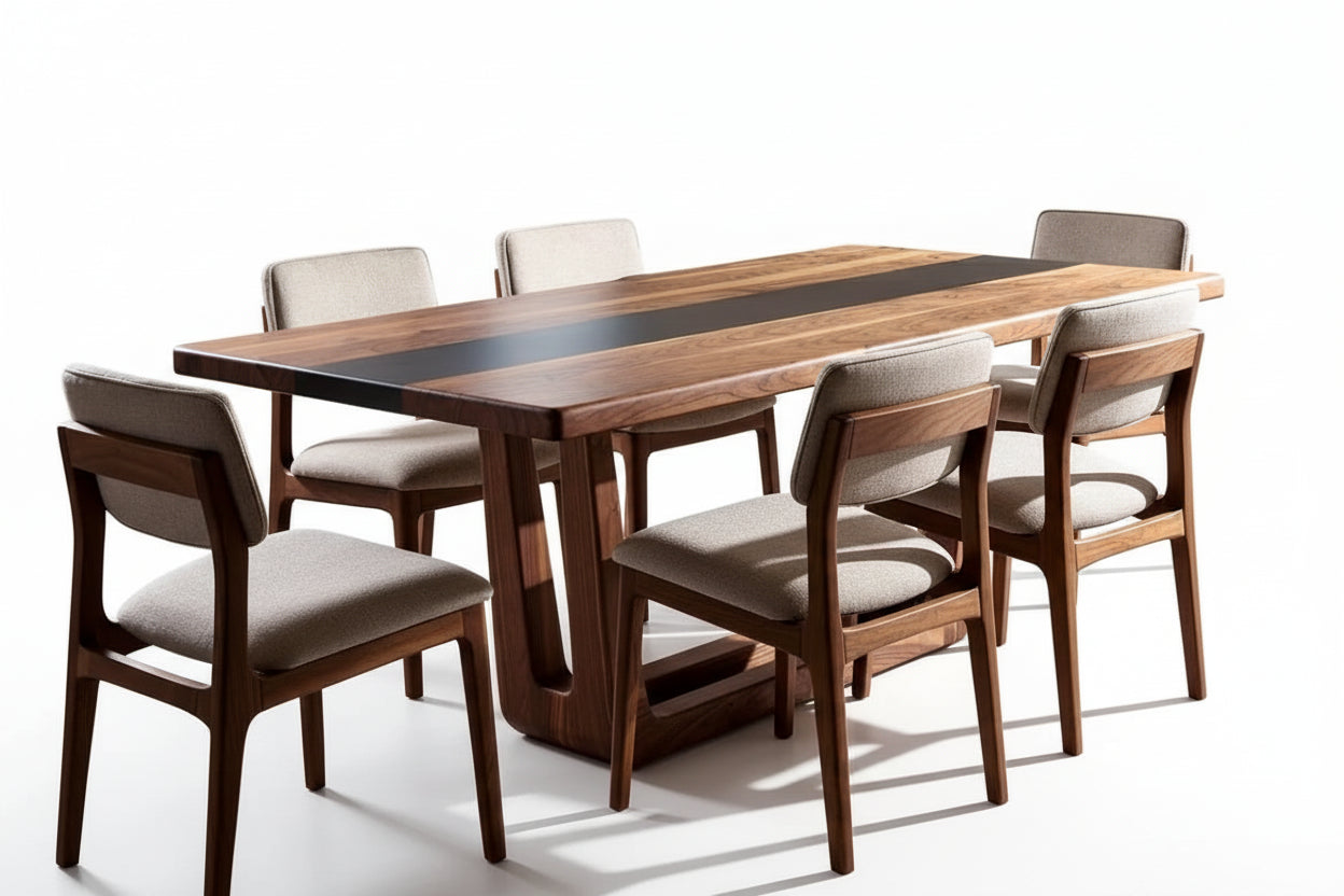 Handcrafted walnut & black resin river dining table with bold geometric U-base, paired with 6 contemporary beige fabric chairs .