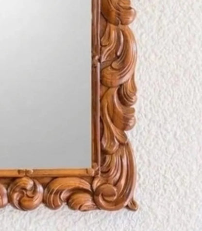 Vireya Hand-Carved Floral Wooden Dressing Table Mirror | Handcrafted Luxury Vanity Mirror in Walnut Brown | Classic Bedroom Décor