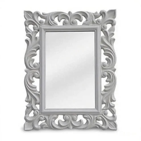 Hand Carved Wall Mirror in Soft Gray-White | Floral & Scroll Ornate Frame | Classic Statement Vanity Mirror