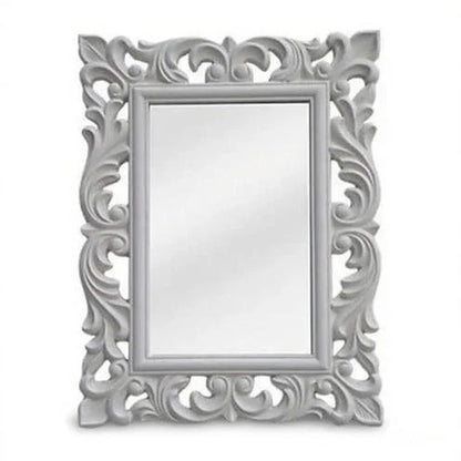 Hand Carved Wall Mirror in Soft Gray-White | Floral & Scroll Ornate Frame | Classic Statement Vanity Mirror