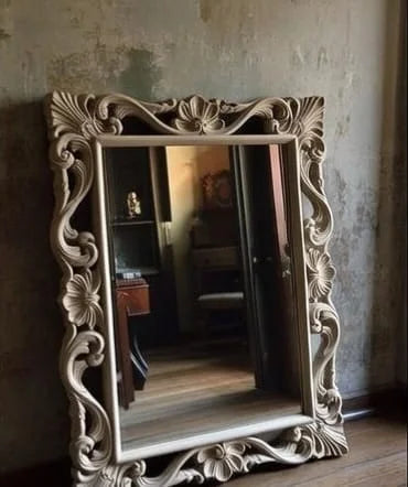 Carved Wood Wall Mirror – Natural Beige Baroque Frame| French Country Farmhouse Decor| Large Ornate Rectangular Mirror| Whitewashed