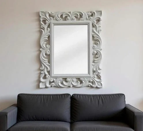 Hand Carved Wall Mirror in Soft Gray-White | Floral & Scroll Ornate Frame | Classic Statement Vanity Mirror