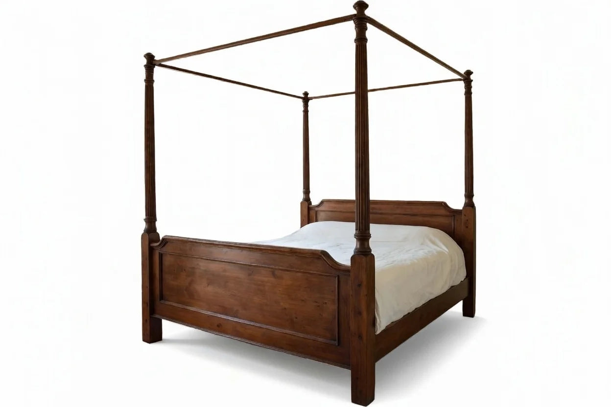 Angled view of luxury wooden four poster canopy bed, handcrafted solid wood traditional canopy bed frame