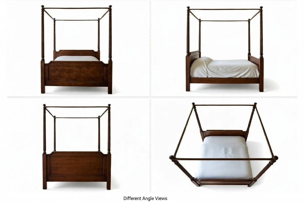 Wooden canopy bed shown from multiple angles on a white background
