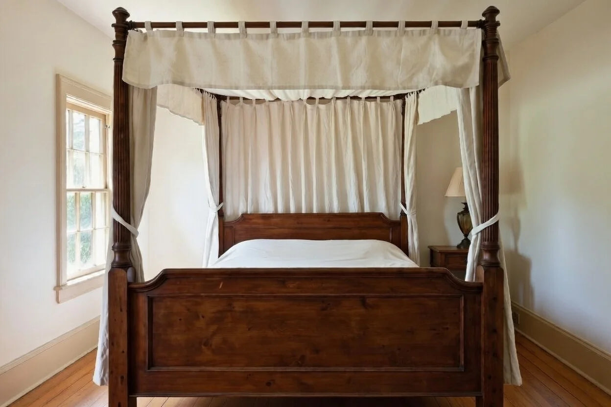 Luxury wooden four poster canopy bed king size with curtains, handcrafted solid wood traditional poster bed frame for master bedroom