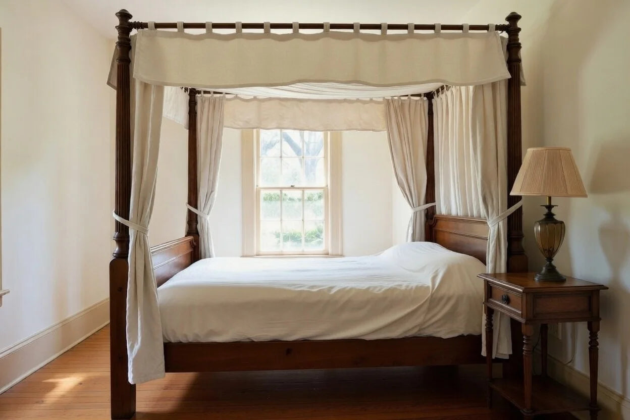 Side view of handcrafted wooden four poster canopy bed with fabric curtains, solid wood traditional canopy bed for bedroom