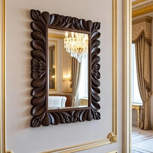 Hand Carved Dark Floral Wall Mirror | Luxurious Sunflower Petal Frame Vanity Mirror | Elegant Classic Bedroom & Hallway Décor