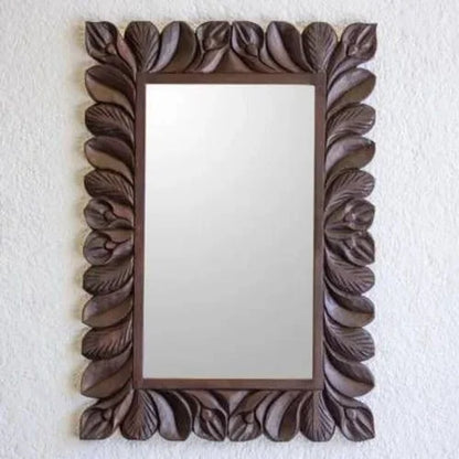 Hand Carved Dark Floral Wall Mirror | Luxurious Sunflower Petal Frame Vanity Mirror | Elegant Classic Bedroom & Hallway Décor